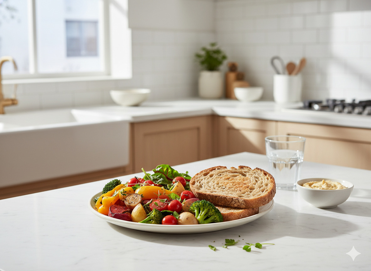 Lautanen täynnä värikkäitä kasviksia ja täysjyväleipää vaaleassa keittiössä