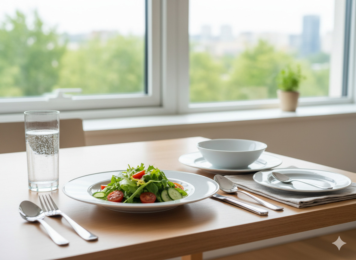 Kattaus puhtailla astioilla, lasi vettä ja salaatti lautasella ikkunan vieressä